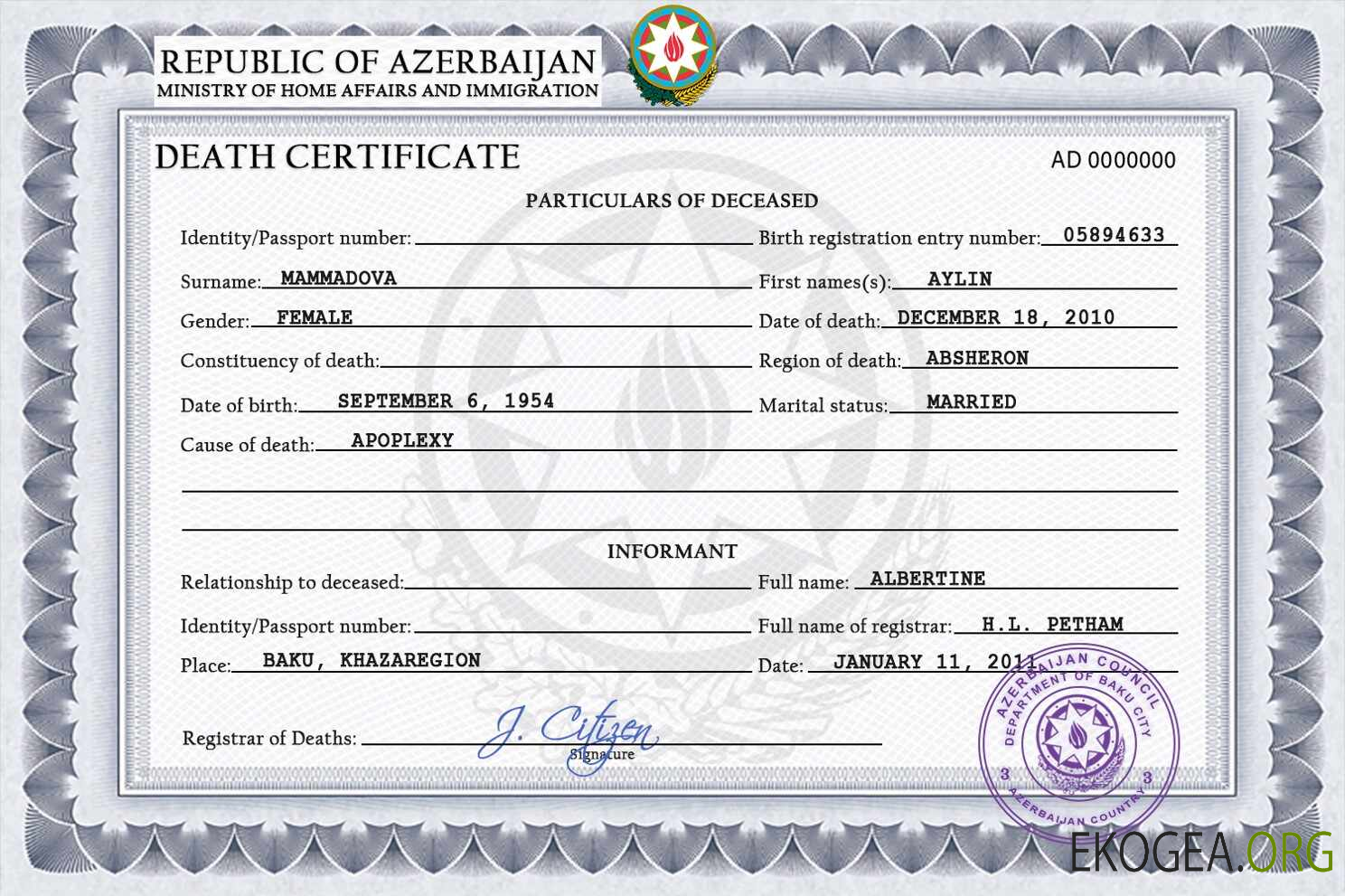 Modèle PSD de certificat de décès de l'état civil de l'Azerbaïdjan